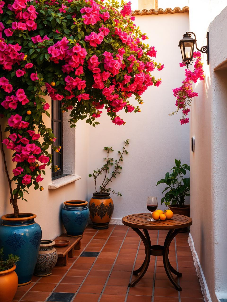 Andalusischer Innenhof mit Bougainvillea, Tonfliesen und einem Glas Wein im goldenen Abendlicht